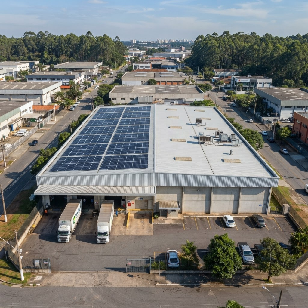 Vista aérea de galpão de distribuição com 150 módulos solares instalados em parte do telhado metálico